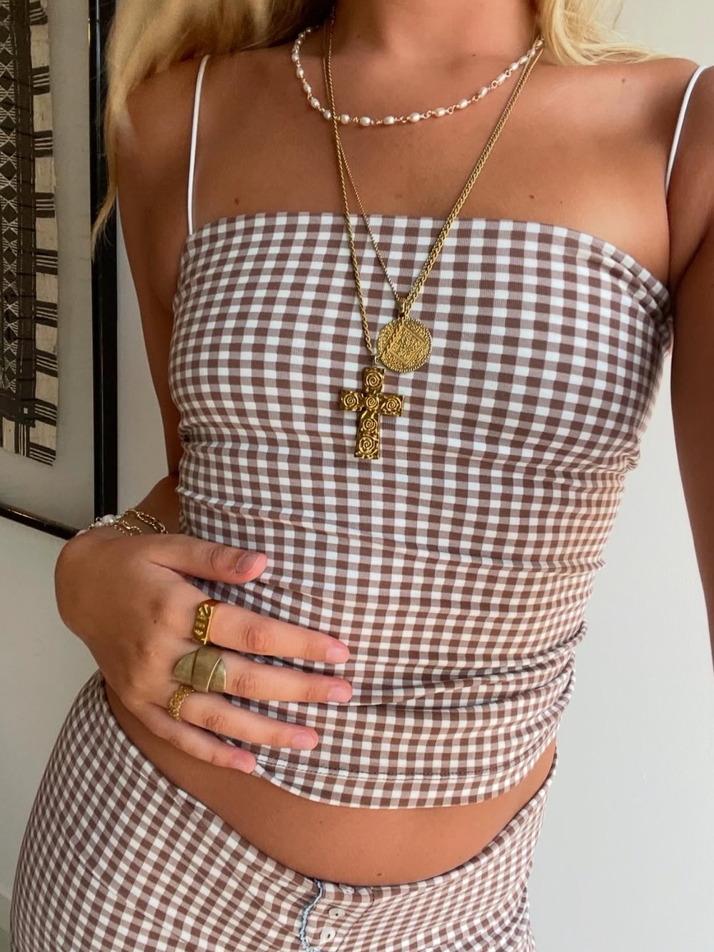 Ciao Buttercup Chloe Tank in Pony Cocoa Espresso Brown Tan Gingham Check Stretch